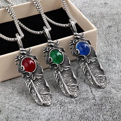 Vintage Stainless Steel Feather Pendant Necklace For Men Western Retro Rhinestone Inlaid Geometric Charm Necklace Party Jewelry Gift