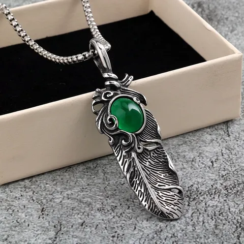 Vintage Stainless Steel Feather Pendant Necklace For Men Western Retro Rhinestone Inlaid Geometric Charm Necklace Party Jewelry Gift