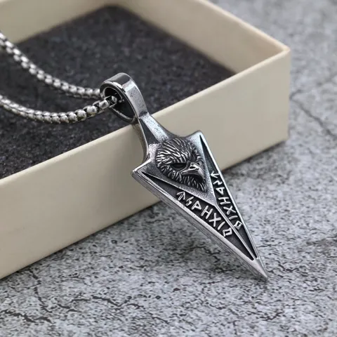 Nordique Viking Vintage Acier Inoxydable Hommes Pendentif Collier Tête d'Aigle Pointe de Flèche Runes Charme Poli Hip Hop Rétro Amulette Bijoux