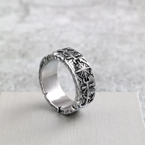 Vintage Stainless Steel Ring For Men Retro Distressed Sun Compass Pirate Anchor Pattern Punk Biker Wide Band Ring Jewelry