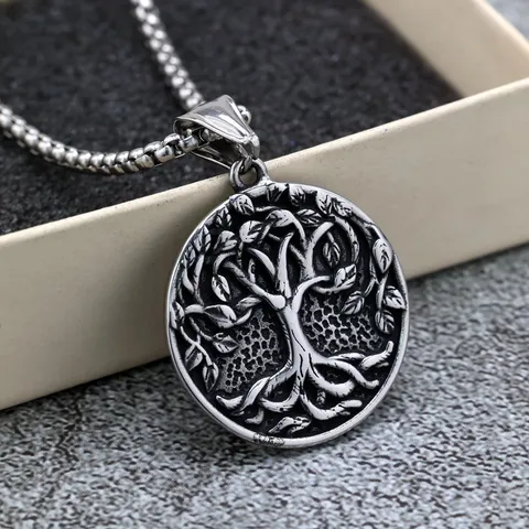Vintage Stainless Steel Tree of Life Pendant Necklace Round Amulet Charm Talisman Fashion Jewelry For Men Women