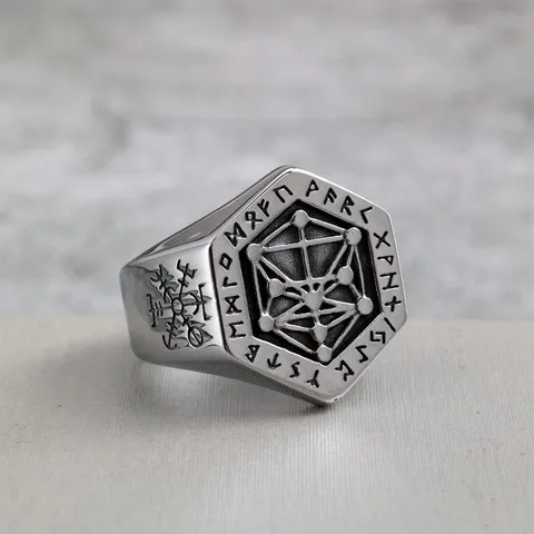 Retro Roestvrij Staal Viking Kompas Ring Voor Heren Zeshoekig Noordse Runen Geometrisch Gegraveerd Heavy Metal Punk Rock Biker Vingerring Sieraden
