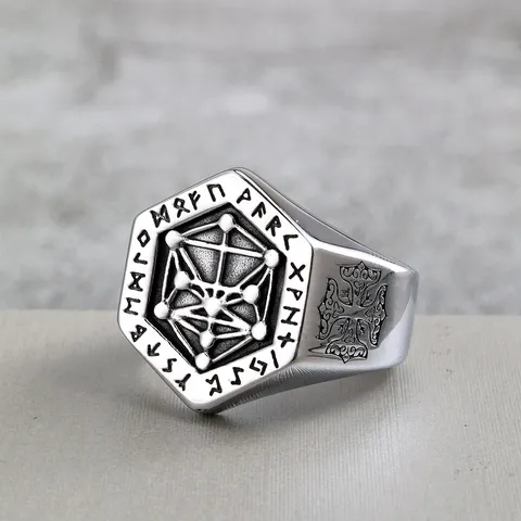 Retro Roestvrij Staal Viking Kompas Ring Voor Heren Zeshoekig Noordse Runen Geometrisch Gegraveerd Heavy Metal Punk Rock Biker Vingerring Sieraden