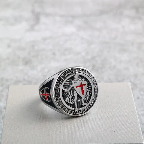 Retro Stainless Steel Men Templar Knight Ring Medieval Crusader Cross Armor Statement Ring Punk Band Biker Jewelry Gift