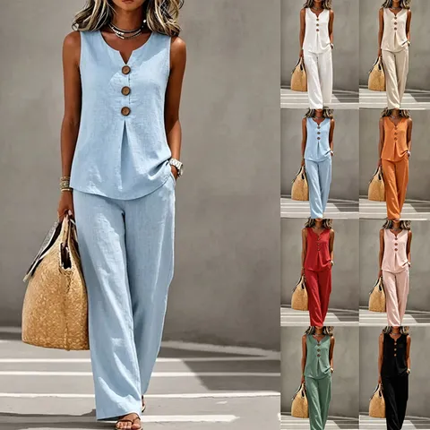 Women V-Neck Button Sleeveless Vest Top And Long Pants Two Piece Outfits Casual Elegant Commute Polyester Suits For Autumn