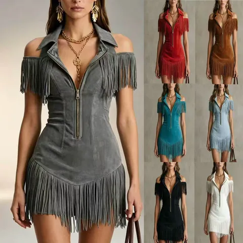 Women Off Shoulder Tassel Fringe Dress Faux Suede Y2K Retro Sleeveless V-Neck Bodycon Mini Dress For Party Streetwear Sexy Clubwear