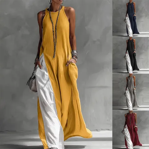 Robe Longue Sans Manches Femme Colorblock Décontractée Patchwork Ample Robe à Bretelles Avec Poches Été Polyester Élasthanne