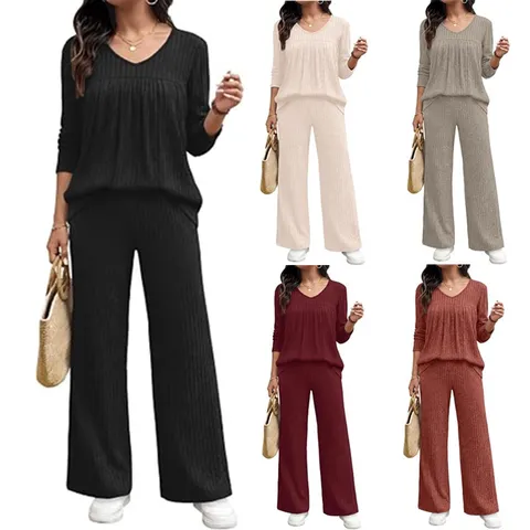 Women V-Neck Long Sleeve Top And Wide Leg Pants Loungewear Ribbed Knit Casual Solid Color Pleated Pajamas Set For Autumn