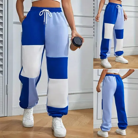 Pantalons de Jogging Femmes Grandes Tailles Bloc de Couleur Décontracté Cordon Taille Moyenne Pantalons de Sport