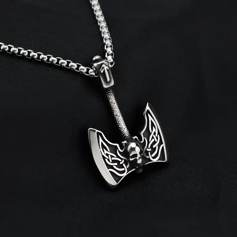 Viking Battle Axe Skull Pendant Necklace Titanium Steel Retro Punk Nordic Celtic Knot Anchor Chain Jewelry For Men Gift
