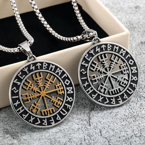 Nordic Vintage Stainless Steel Vegvisir Viking Compass Pendant Necklace For Men Women Runic Double Sided Round Medal Amulet Jewelry Gift