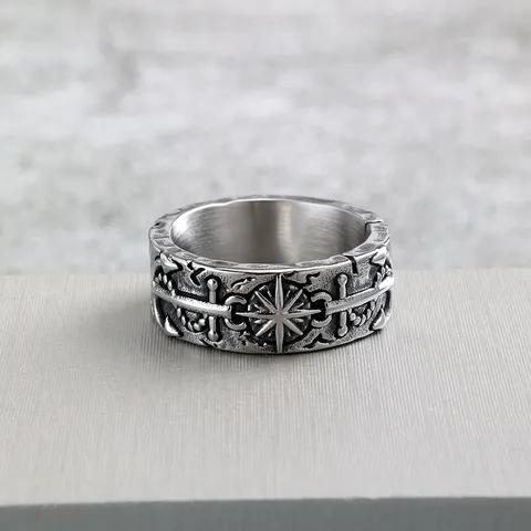 Vintage Stainless Steel Ring For Men Retro Distressed Sun Compass Pirate Anchor Pattern Punk Biker Wide Band Ring Jewelry