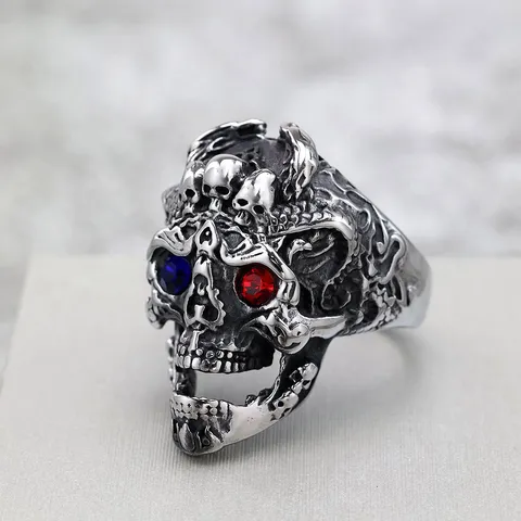 Vintage Roestvrij Staal Schedel Ring Voor Heren Punk Gotisch Ingelegd Strass Heavy Metal Vingerring Biker Sieraden