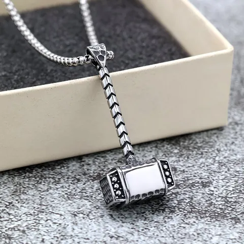 Vintage Roestvrij Staal Thors Hamer Hanger Ketting Voor Heren Noords Viking Stijl Solide Staalkleur Geometrische Amulet Hanger Punk Rock Casual Dagelijks Mannen Sieraden