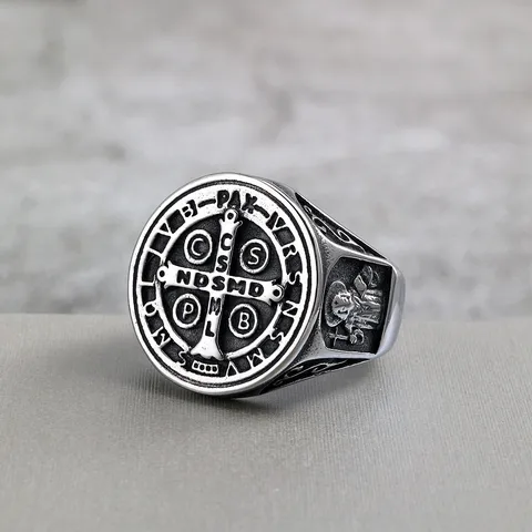 Vintage Stainless Steel Saint Benedict Cross Exorcism Ring For Men Religion Latin Carving Relief Geometric Signet Biker Jewelry Gift
