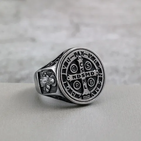Vintage Stainless Steel Saint Benedict Cross Exorcism Ring For Men Religion Latin Carving Relief Geometric Signet Biker Jewelry Gift