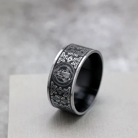 Vintage Stainless Steel Saint Benedict Cross Exorcist Ring For Men Gothic Religious Totem Charm Band Ring Jewelry Gift