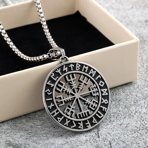 Nordic Vintage Stainless Steel Vegvisir Viking Compass Pendant Necklace For Men Women Runic Double Sided Round Medal Amulet Jewelry Gift