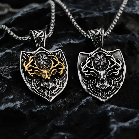Vintage Men Titanium Steel Deer Head Compass Shield Pendant Necklace Norse Viking Celtic Knot Stainless Steel Chain Punk Retro Jewelry Gift For Boyfriend