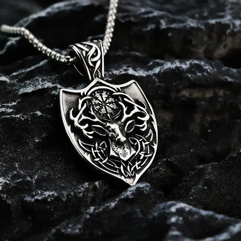 Vintage Men Titanium Steel Deer Head Compass Shield Pendant Necklace Norse Viking Celtic Knot Stainless Steel Chain Punk Retro Jewelry Gift For Boyfriend