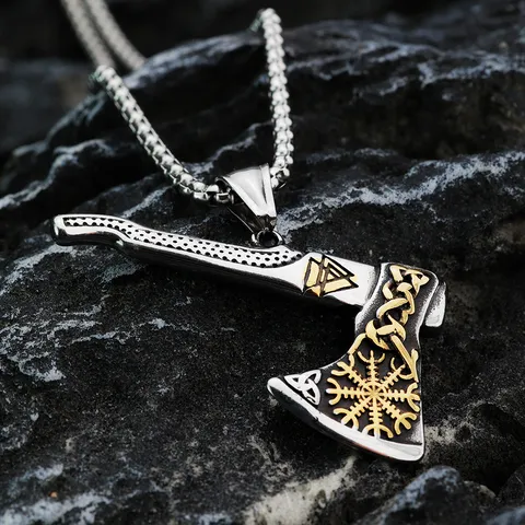 Collana con Ciondolo a Forma di Ascia Vichinga Norrena in Acciaio Inossidabile Vintage per Uomo Amuleto Talismano Bussola Vegvisir Incisa Retro Gioielli Biker Punk