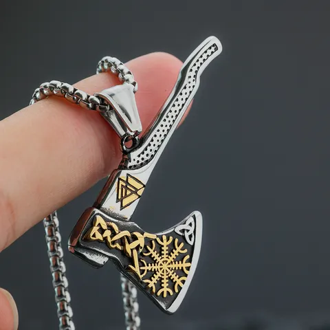 Collana con Ciondolo a Forma di Ascia Vichinga Norrena in Acciaio Inossidabile Vintage per Uomo Amuleto Talismano Bussola Vegvisir Incisa Retro Gioielli Biker Punk