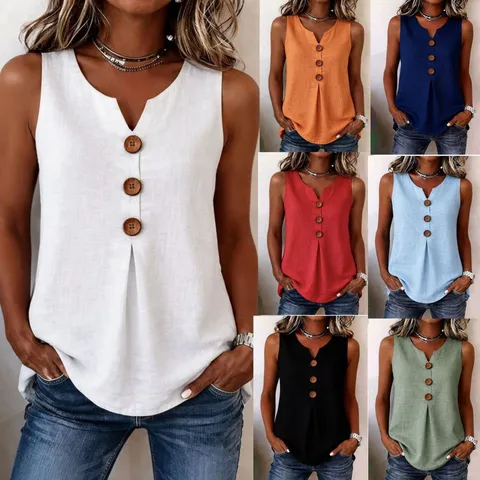 Women V Neck Sleeveless Top Button Pleated Tank Top Casual Polyester Shirt Loose Fashion Street Style Solid Color Top