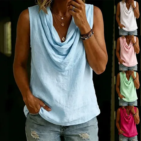 Women Cowl Neck Sleeveless Blouse Solid Color Polyester Spandex Tank Top Summer Casual Loose Fit Shirt Top