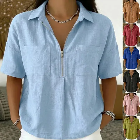 Women Casual Polyester T-Shirt Loose Lapel Short Sleeve V-Neck Zipper Top Solid Color Pocket Design Summer Fashion Top