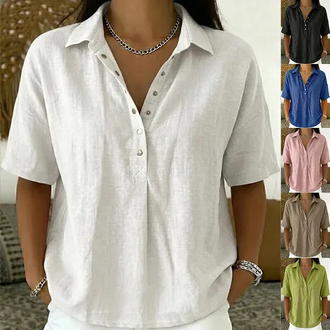 Women Loose V Neck Polo T-Shirt Short Sleeve Button Down Casual Solid Color Polyester Summer Top For Streetwear Daily Wear