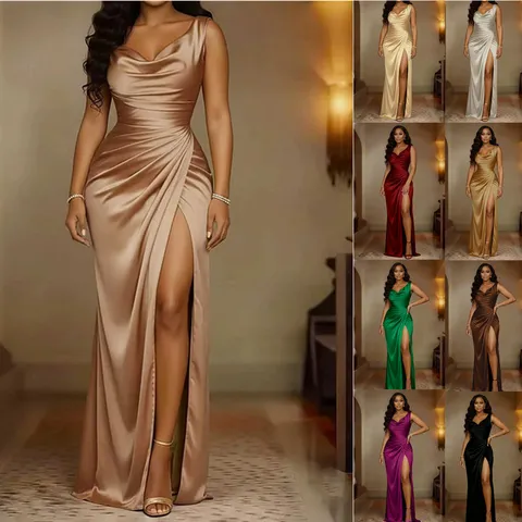 Women's Elegant Cowl Neck Sleeveless High Waist Slit Satin Evening Gown Dress Formal Slim Fit Banquet Party Vinylon Polyester Dress