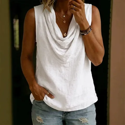 Women Cowl Neck Sleeveless Blouse Solid Color Polyester Spandex Tank Top Summer Casual Loose Fit Shirt Top
