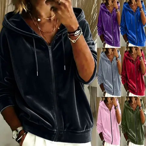 Women Casual Solid Color Velvet Drawstring Hooded Zip Up Sweatshirt Long Sleeve Velvet Top For Women Autumn Fashion Outwear
