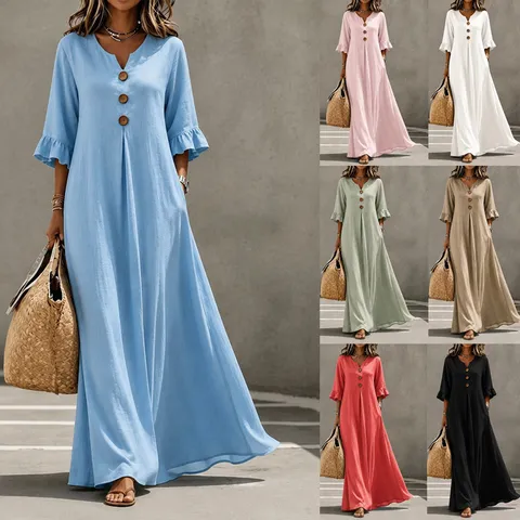 Women Elegant V Neck Button Ruffle Sleeve Dress Casual Loose A-Line Maxi Dress Solid Color Woven Long Dress With Pockets