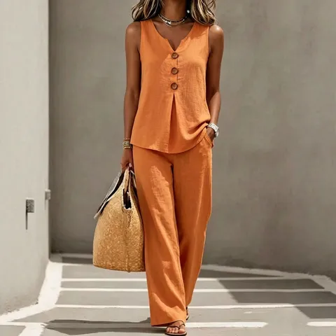 Women V-Neck Button Sleeveless Vest Top And Long Pants Two Piece Outfits Casual Elegant Commute Polyester Suits For Autumn