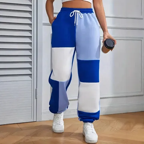 Pantalons de Jogging Femmes Grandes Tailles Bloc de Couleur Décontracté Cordon Taille Moyenne Pantalons de Sport