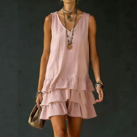 Women Fashion Loose Sleeveless V-Neck Tiered Ruffle Tank Dress Casual Solid Color Mini Layered Sun Dress Summer Vacation Apparel
