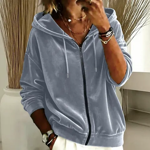 Women Casual Solid Color Velvet Drawstring Hooded Zip Up Sweatshirt Long Sleeve Velvet Top For Women Autumn Fashion Outwear