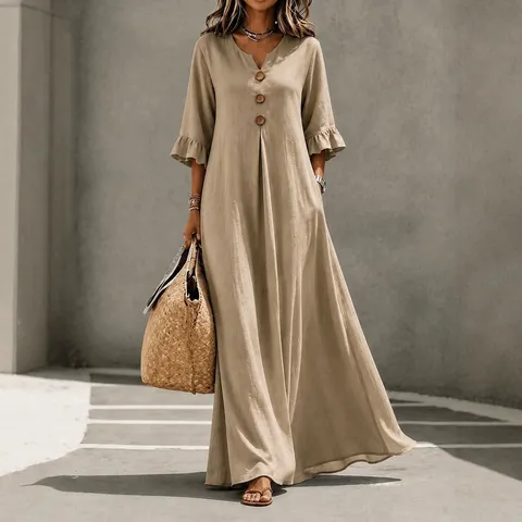 Women Elegant V Neck Button Ruffle Sleeve Dress Casual Loose A-Line Maxi Dress Solid Color Woven Long Dress With Pockets