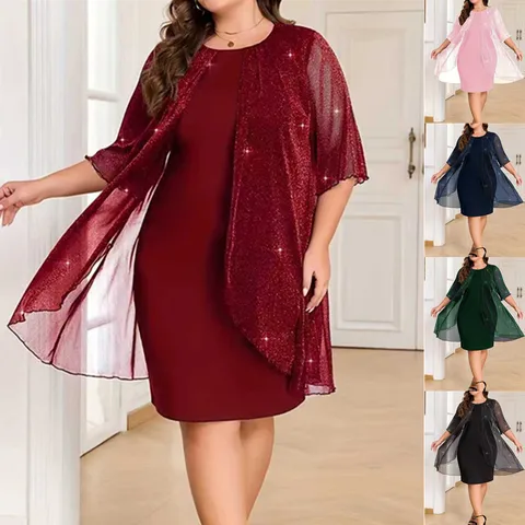 Elegant Women's Two Piece Dress Set Sparkly Mesh Cardigan And Solid Color Bodycon Midi Dress For Party Casual Wear