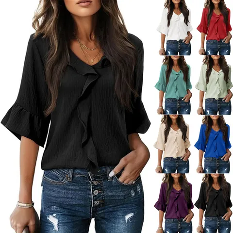 Women V Neck Ruffle Blouse Pleated Loose Fit Flare Sleeve Top Polyester Solid Color Casual Summer Office Fashion Shirt