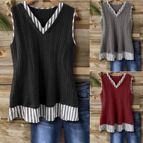 Chaleco de Punto para Mujer Cuello en V Sin Mangas Efecto Capas Rayado Patchwork Casual Holgado Top de Punto Cómodo Ropa