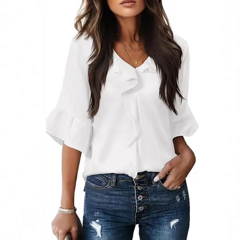 Women V Neck Ruffle Blouse Pleated Loose Fit Flare Sleeve Top Polyester Solid Color Casual Summer Office Fashion Shirt