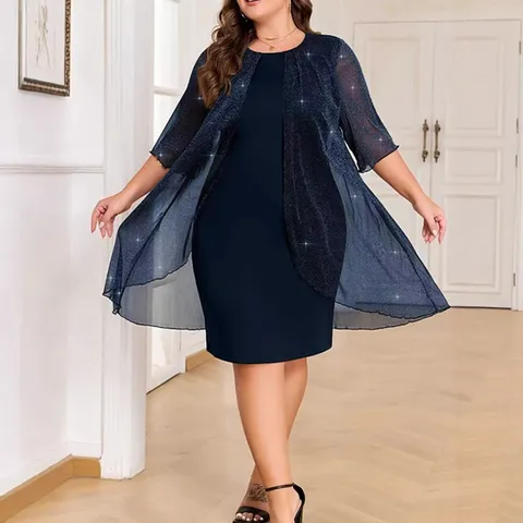 Elegant Women's Two Piece Dress Set Sparkly Mesh Cardigan And Solid Color Bodycon Midi Dress For Party Casual Wear