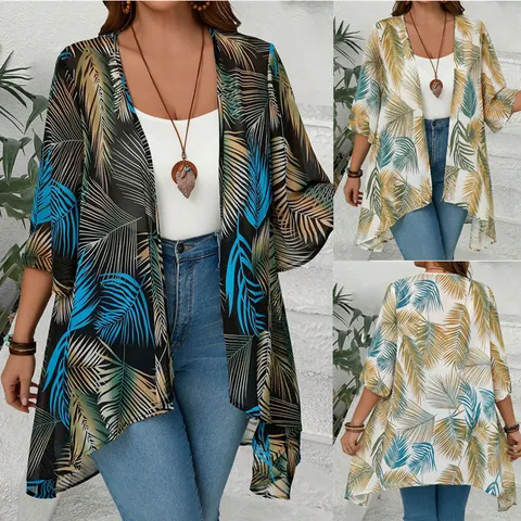 Women Tropical Print Chiffon Cardigan Loose Summer Resort Sun Protection Outerwear Batwing Sleeve Open Front V Neck Casual Top