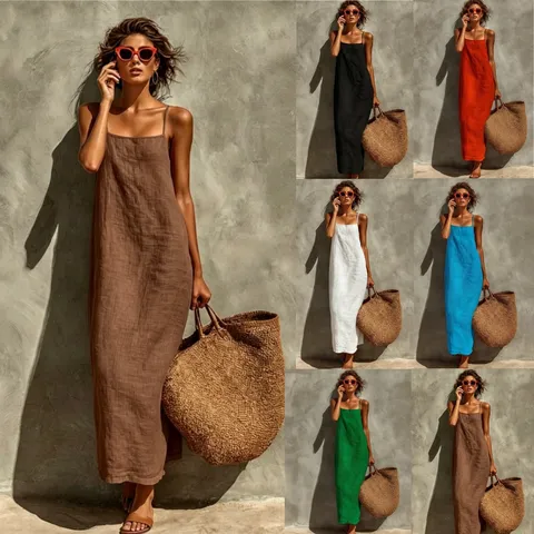 Vestido Largo Maxi Holgado de Tirantes para Mujer Verano Poliéster Spandex Color Sólido Estilo Bohemio Vacaciones Sin Mangas Recto