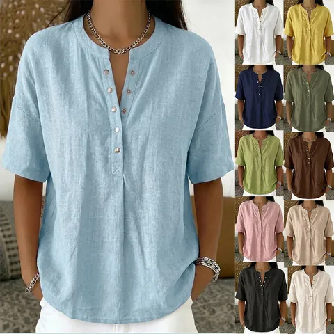 Women V Neck Button Short Sleeve T-Shirt Summer Casual Plain Color Loose Fit Pullover Top Polyester Patchwork Apparel