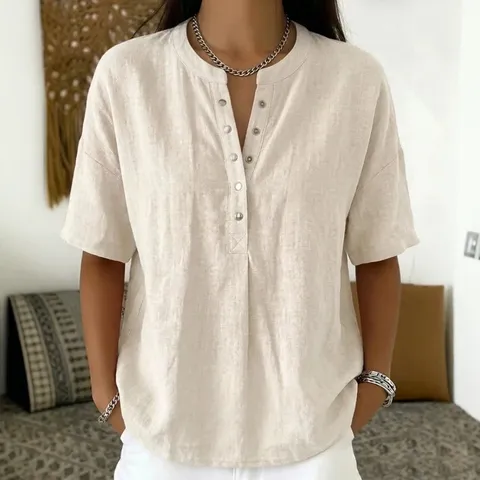 Women V Neck Button Short Sleeve T-Shirt Summer Casual Plain Color Loose Fit Pullover Top Polyester Patchwork Apparel
