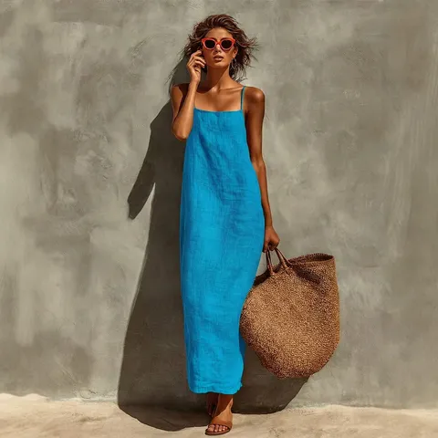 Vestido Largo Maxi Holgado de Tirantes para Mujer Verano Poliéster Spandex Color Sólido Estilo Bohemio Vacaciones Sin Mangas Recto