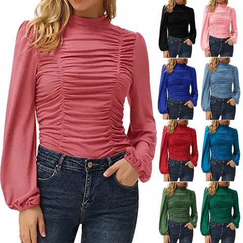 Women Mock Neck Lantern Sleeve Ruched Slim Fit T-Shirt Casual Solid Color Long Sleeve Top Comfortable Spring Fashion